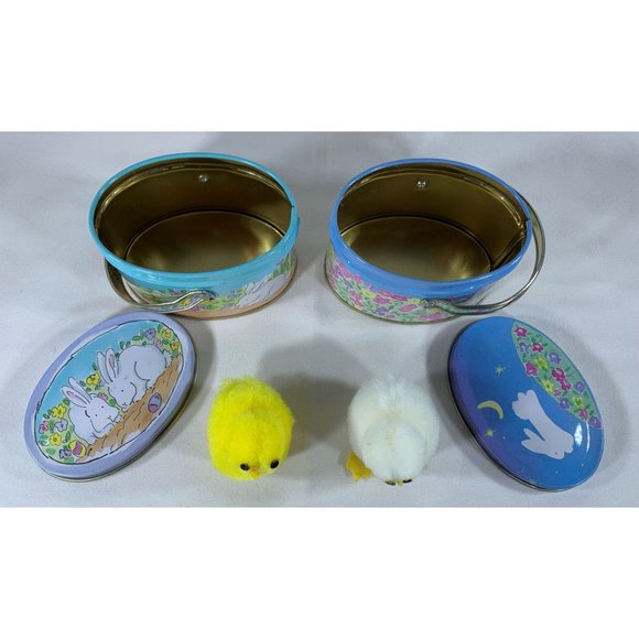 Vintage 2 Russ Berrie Easter Tins and 2 Dakin PomPom Chicks Bunny Handles 1980's - Picture 3 of 11